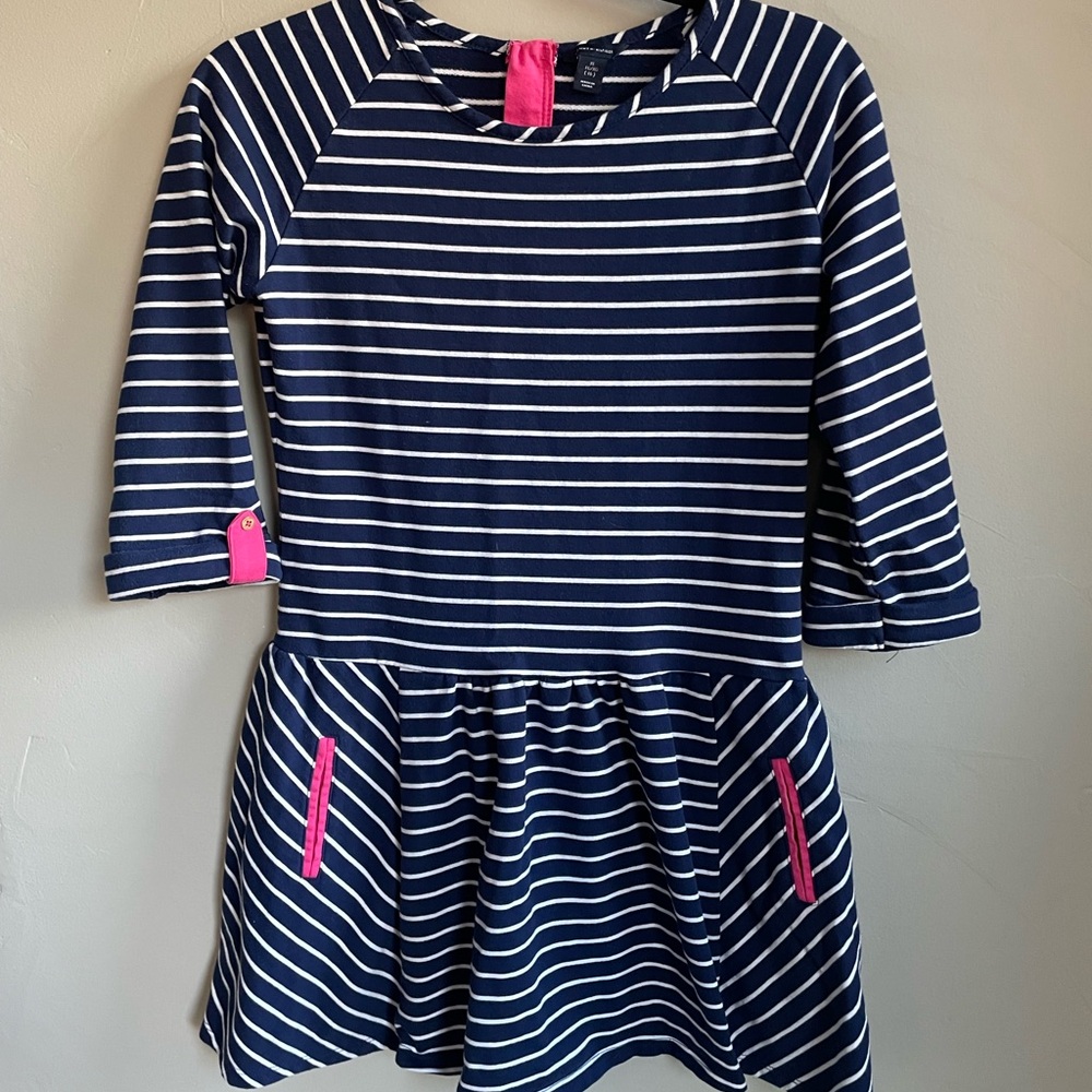 Girls Nautical Navy and White Striped Dress with Pink Accents